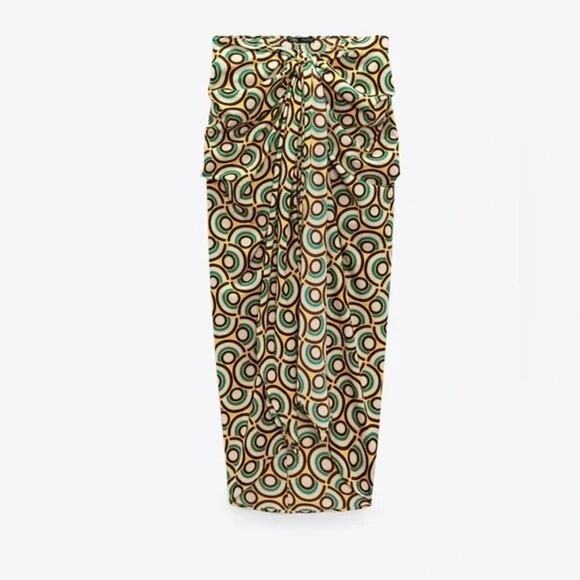 Zara Pareo Sarong Wrap Skirt Front Knot Self Closure Lightweight M Green Yellow - Picture 1 of 16